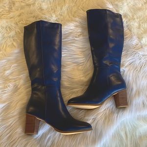 Boston Design Studio faux leather heeled long boots midnight blue NWOT